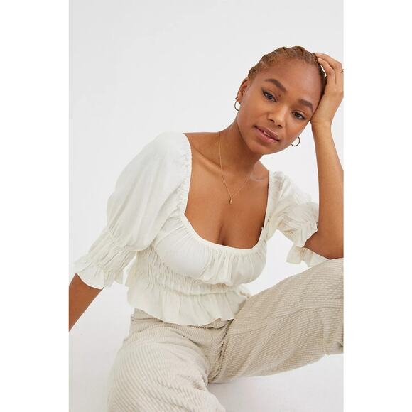 URBAN OUTFITTERS Kate Smocked Ruffle Blouse Ivory Cropped Top Women's XS - Picture 1 of 12